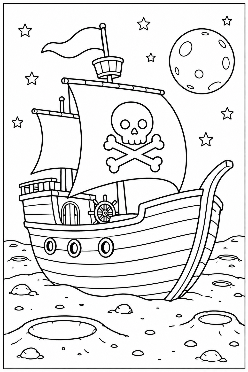 Piratenschip — Op de maan — kleurplaat om te printen