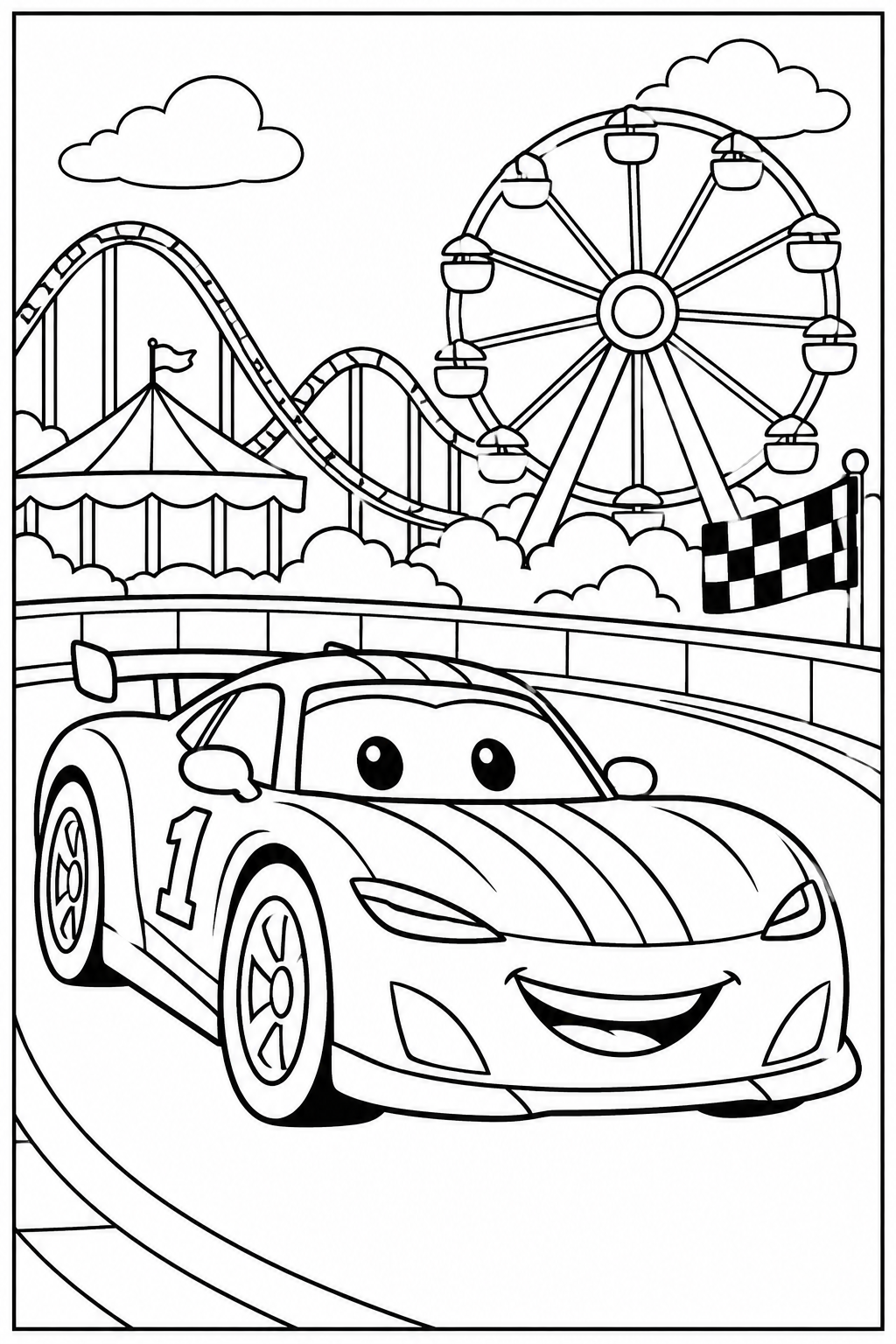 Raceauto — In het pretpark — kleurplaat om te printen