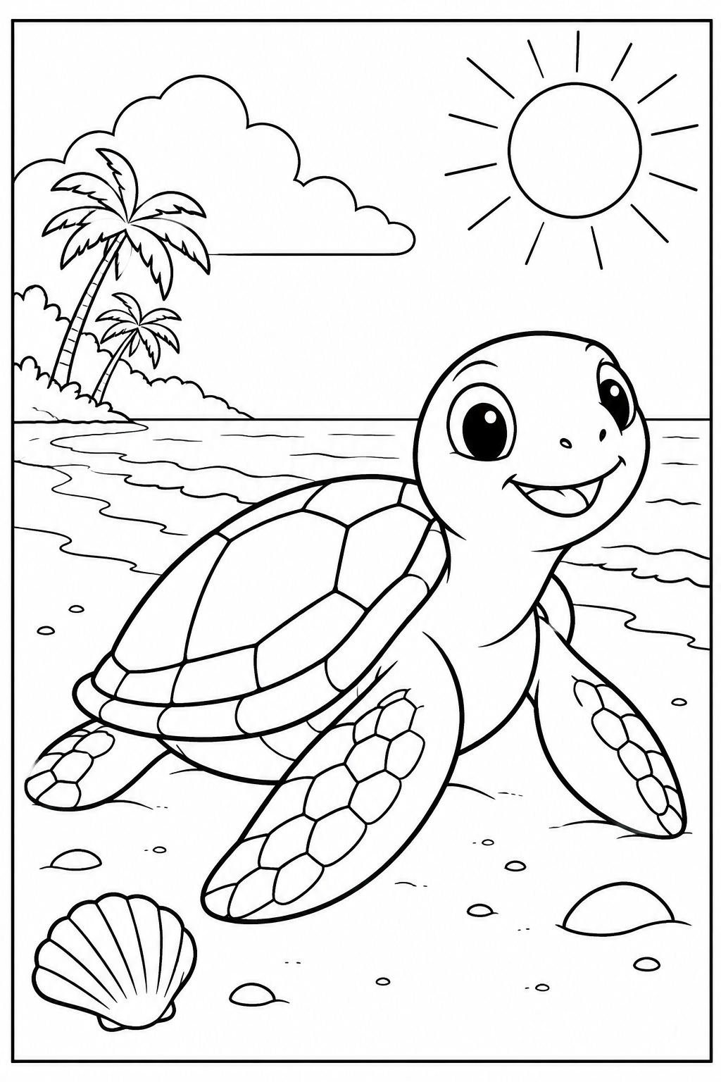 Schildpad — Op het strand — kleurplaat om te printen