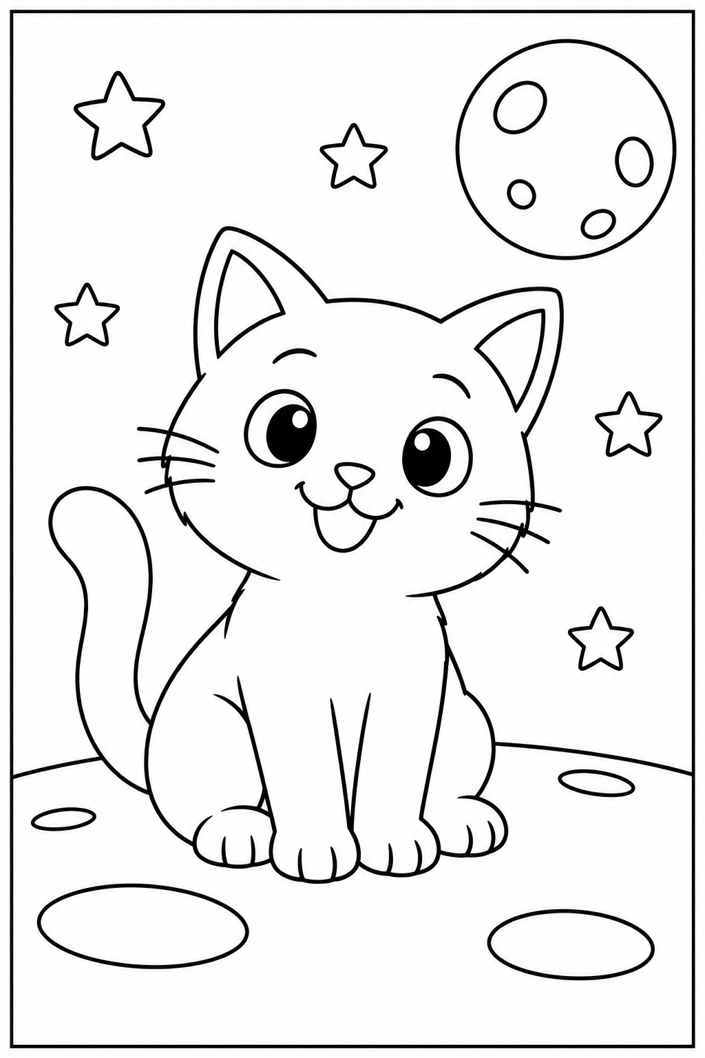 Kat — Op de maan — kleurplaat om te printen