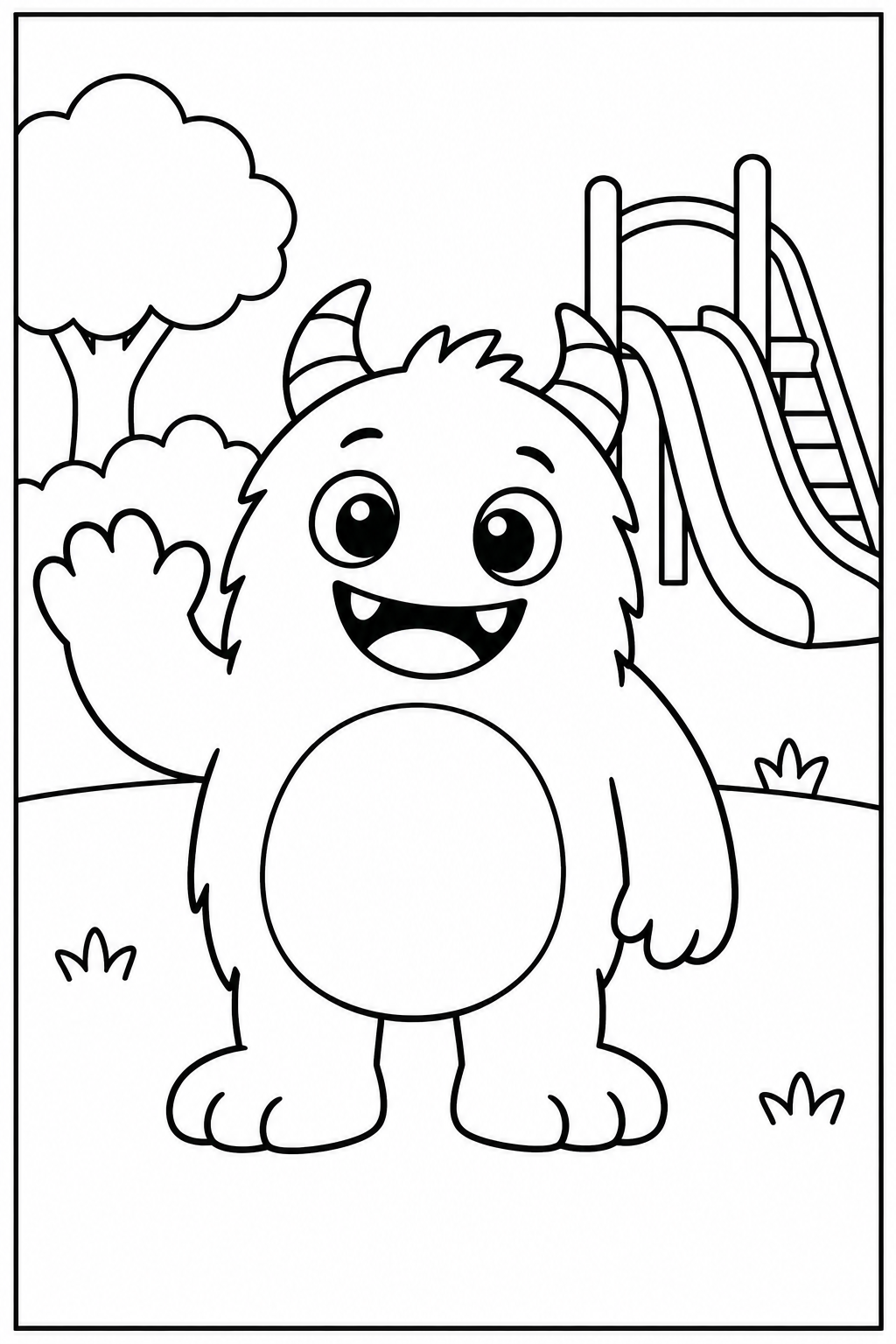 Lief monster — In de speeltuin — kleurplaat om te printen