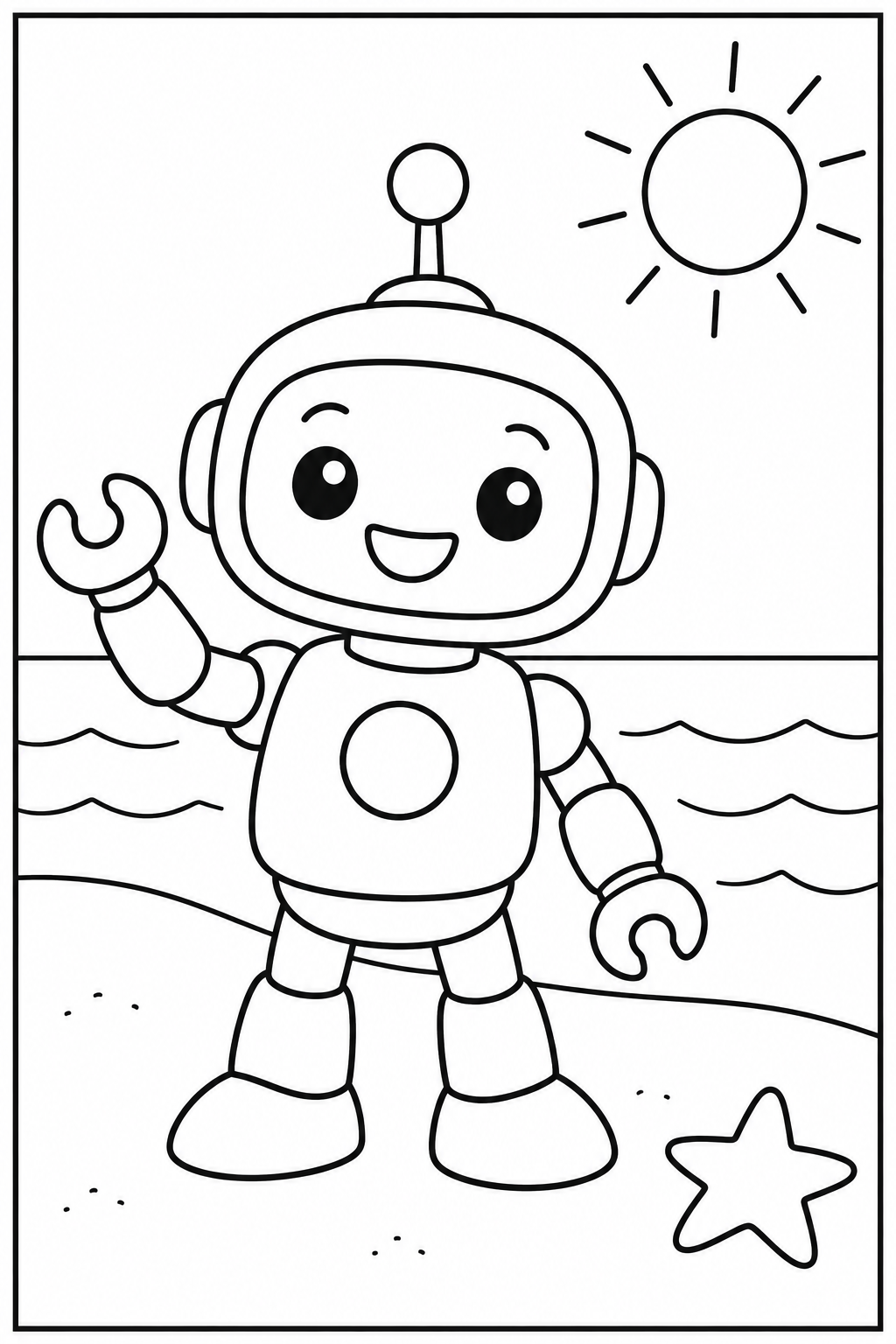 Robot — Op het strand — kleurplaat om te printen